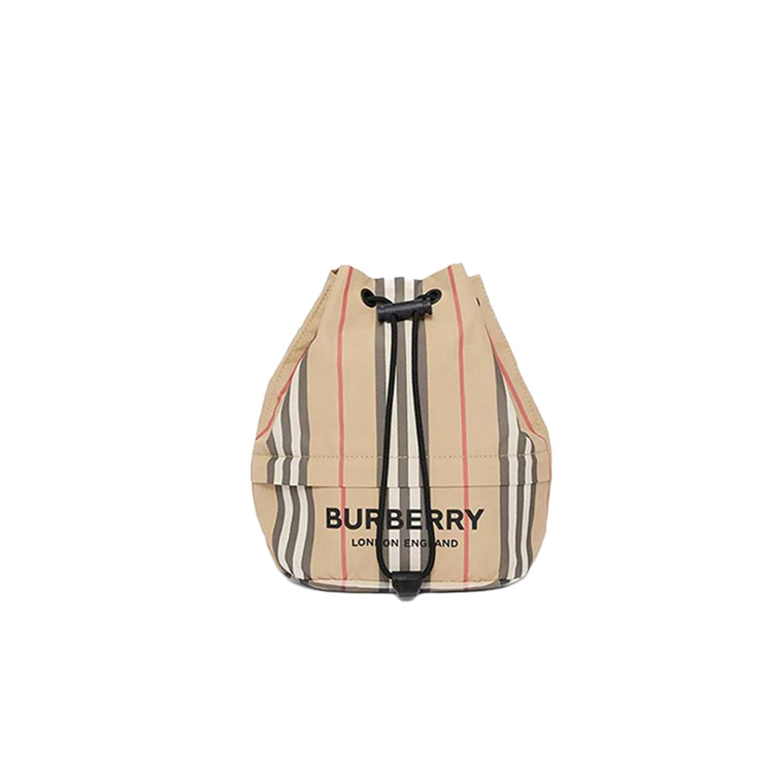 BURBERRY LCON STRIPE NYLON DRAWCORD POUCH  ARCHIVE BEIGE  80267371 (19.5cm*18cm*12.5cm)